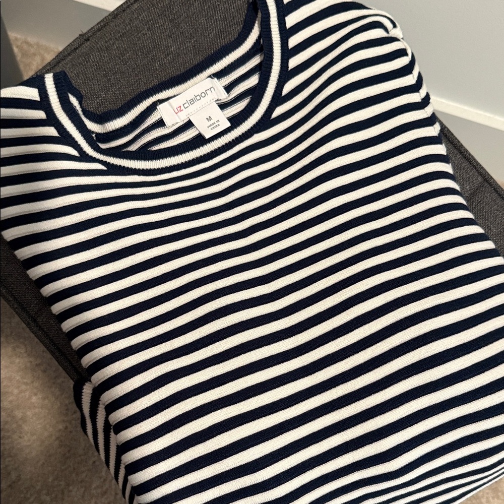 Liz Claiborne Navy and White Striped Crewneck Sweater